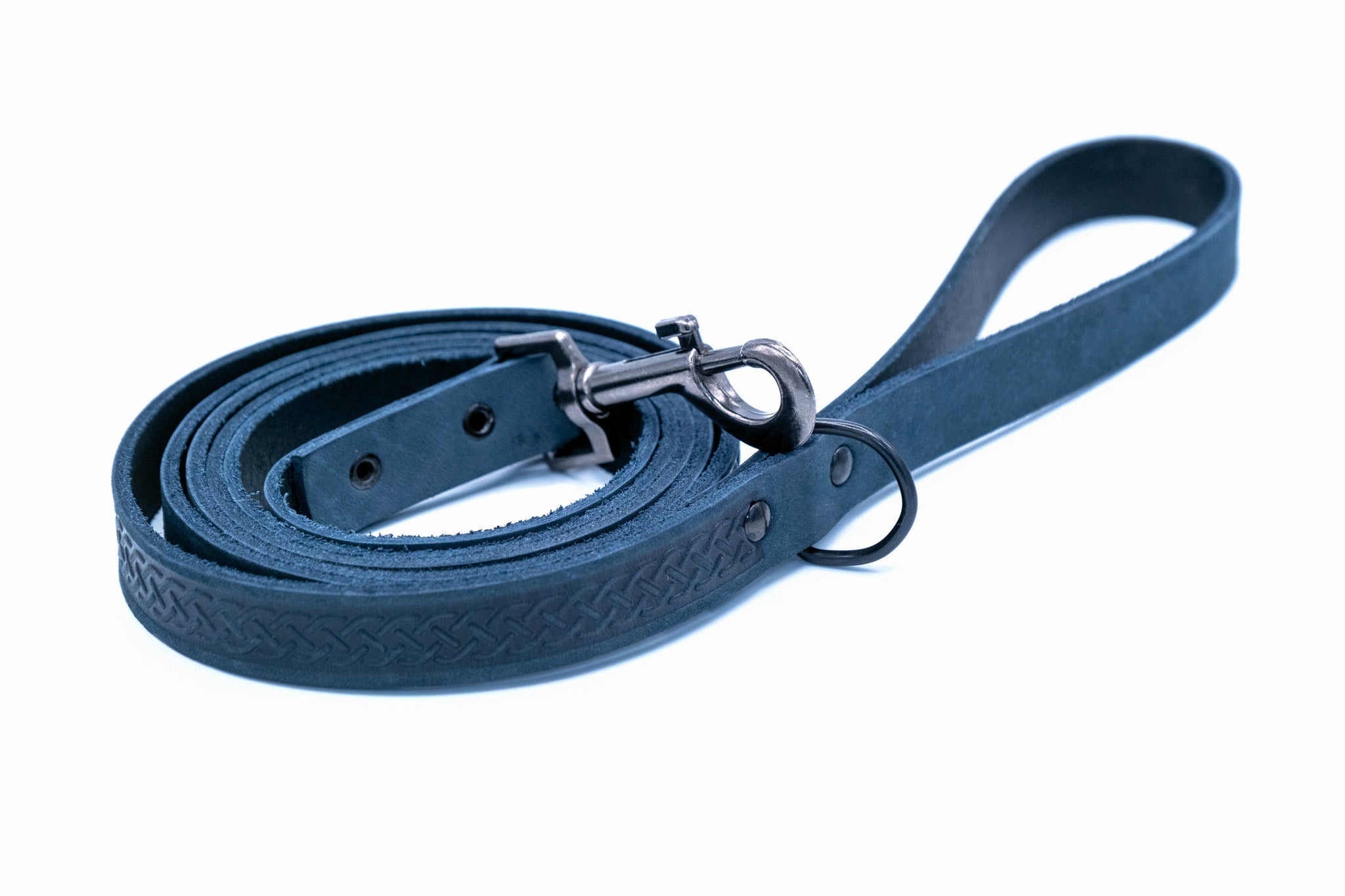 Celtic Sport Leather Dog Leash – Blue Jeans with Black Hardware and Celtic Fire & Water Rune Design
