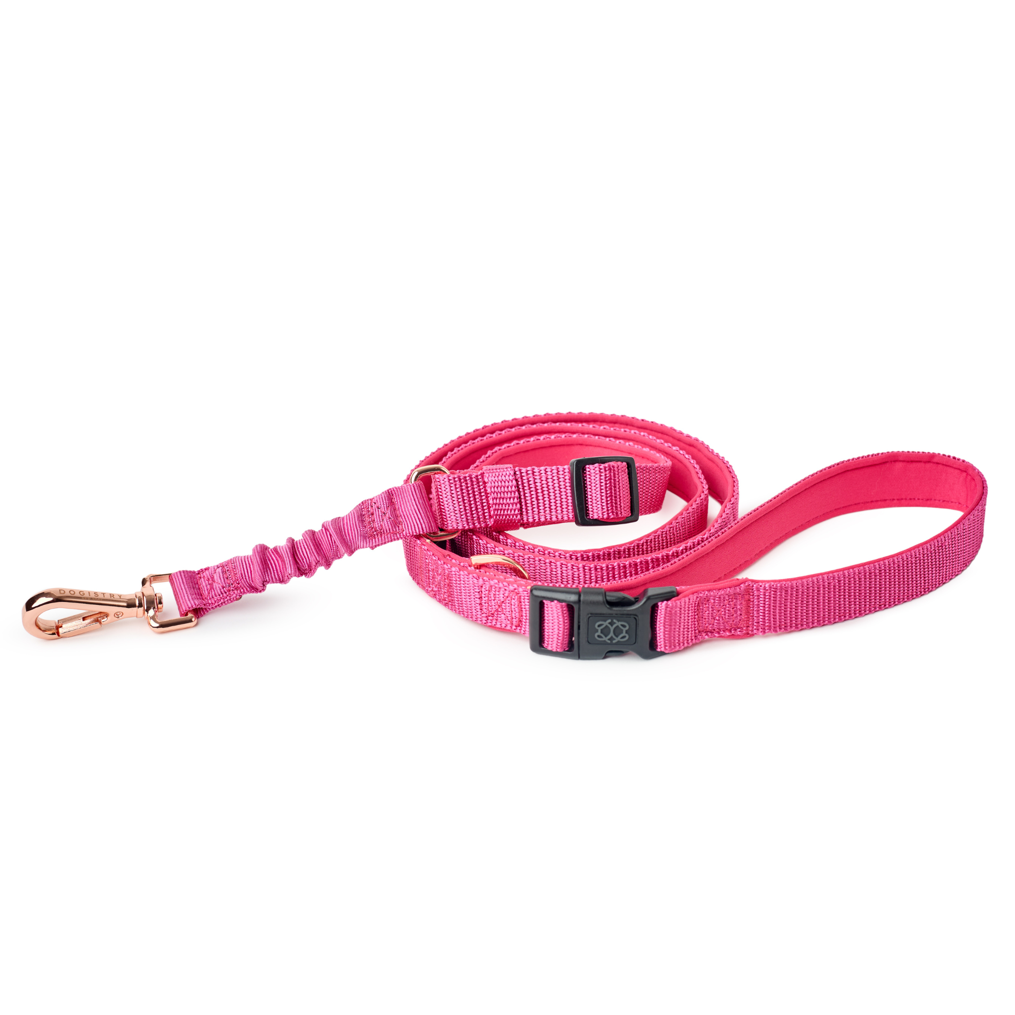 Dogistry 3-in-1 City Dog Leash – Park Ave Pink with Adjustable 2–5 ft Length, Secure Buckled Handle, and Comfort-Enhanced Bungee Design