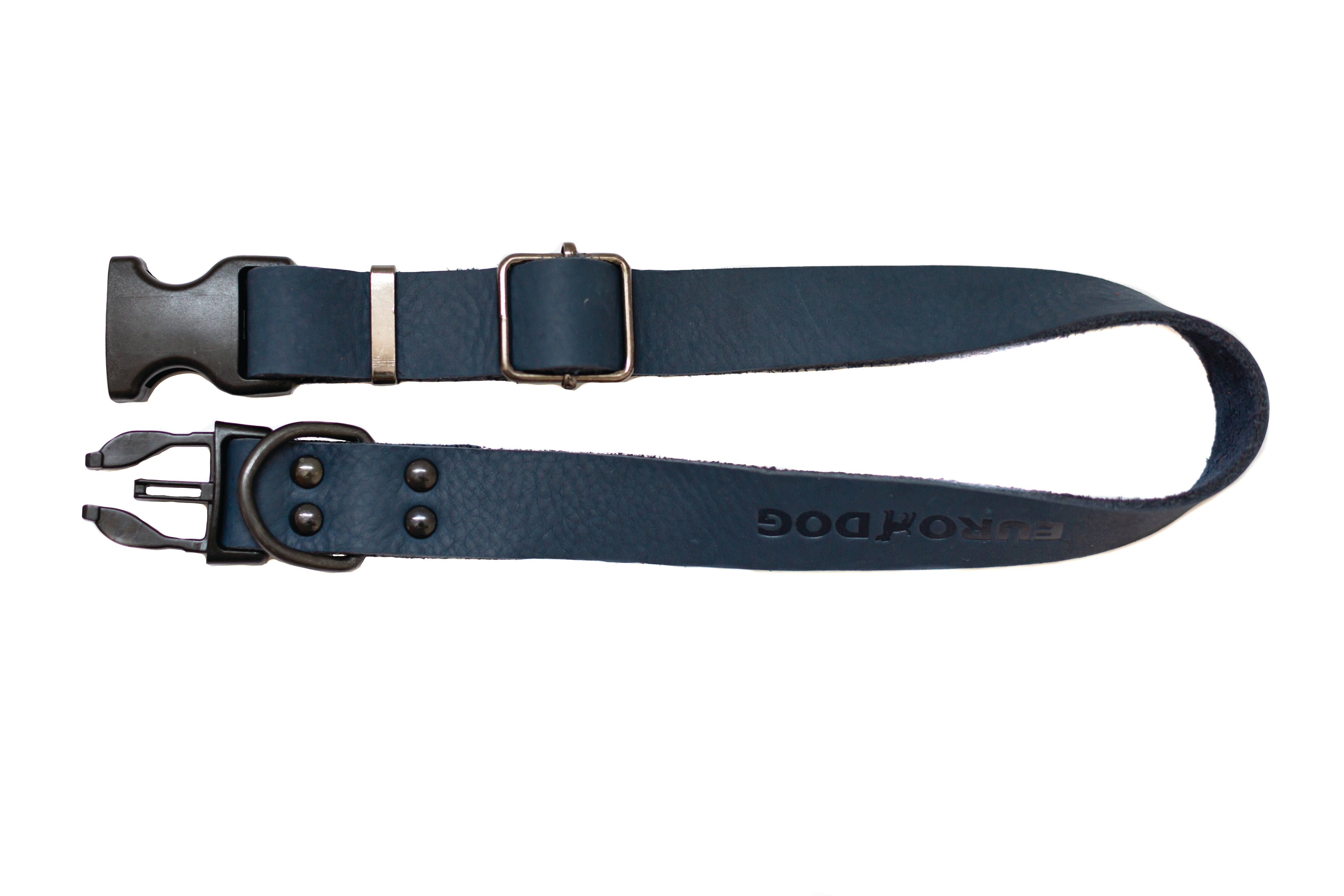 Sport Style Quick-Release Dog Collar – Blue Jeans Full-Grain American Leather with Black Hardware, YKK Buckle, and European Steel