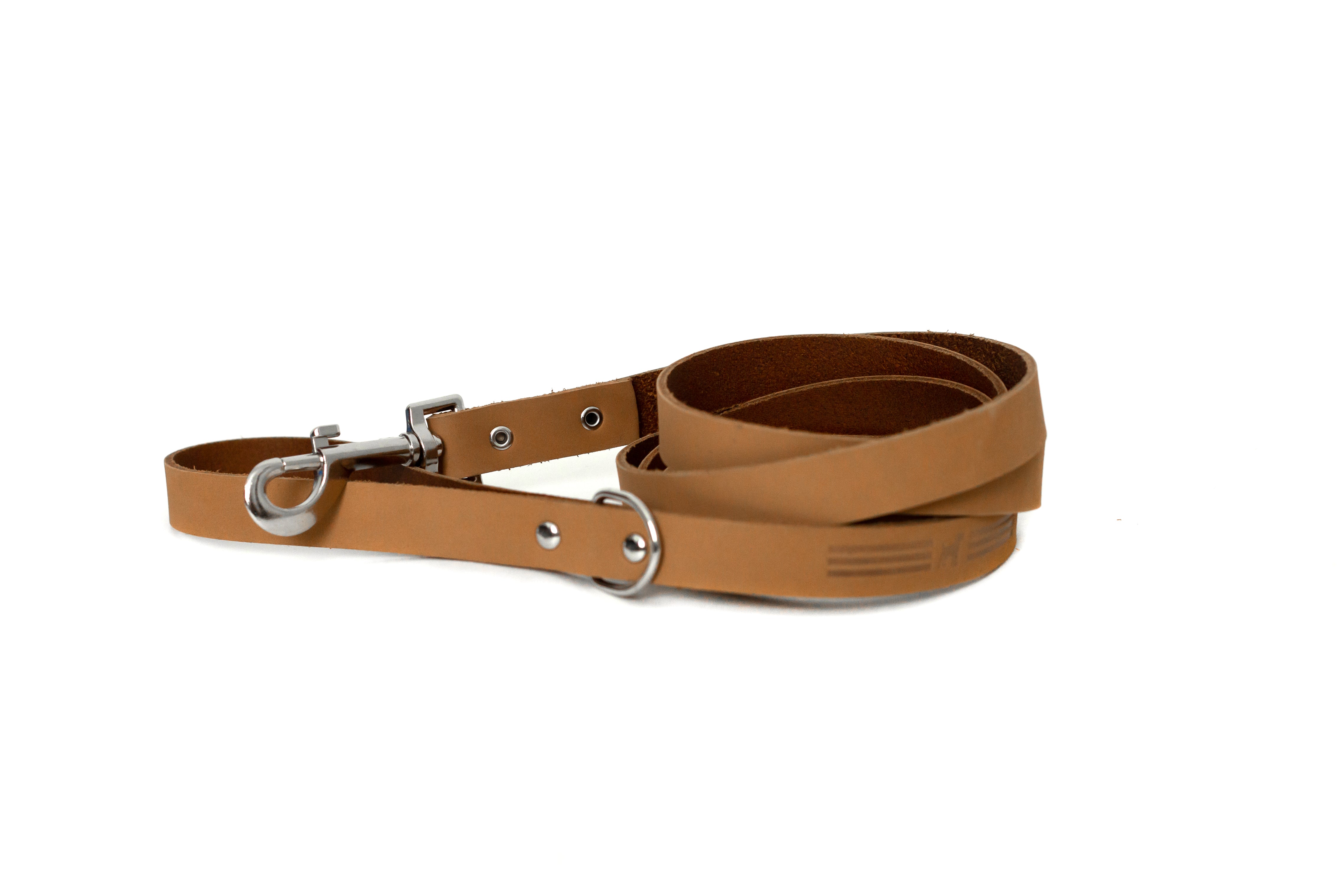 Modern Style Leather Dog Leash – Khaki Full-Grain American Leather with Extra D-Ring for Attachments