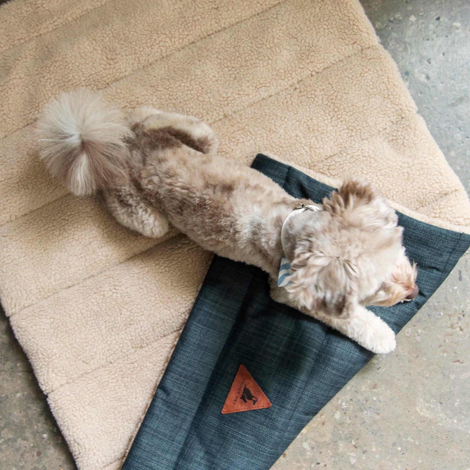 Nooee Pet Mat Jackson – Dual-Sided Travel Pet Mat with Water-Resistant Linen & Plush Sherpa, Roll-Up Design with Removable Vegan Leather Handle, Machine Washable, 24” x 40”