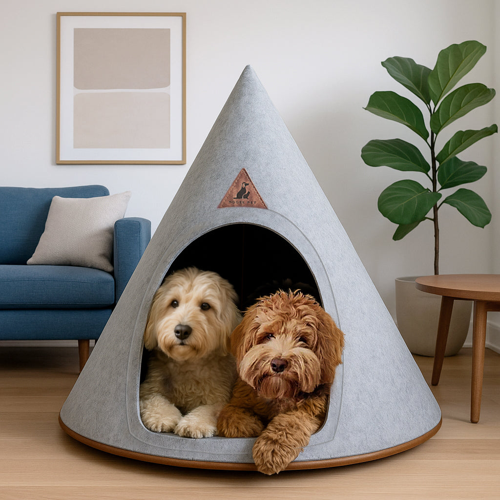 Modern Felt Pet Cave – Washable Cone Dog Bed with Cushion | Cream / Grey / Brown | Small to XXL