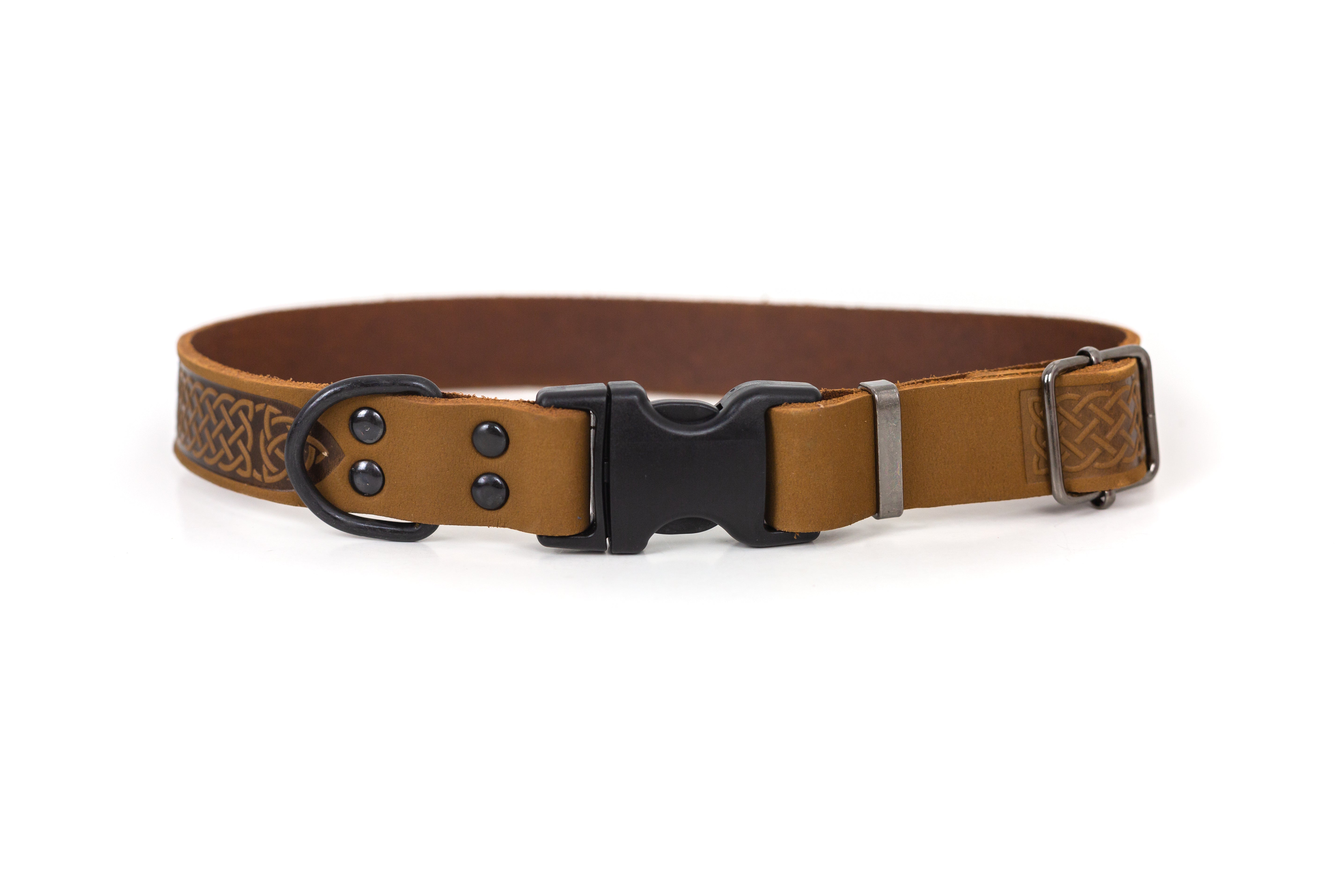 Celtic Sport Quick-Release Dog Collar – Earth Brown Leather, Celtic Rune Design & YKK Buckle