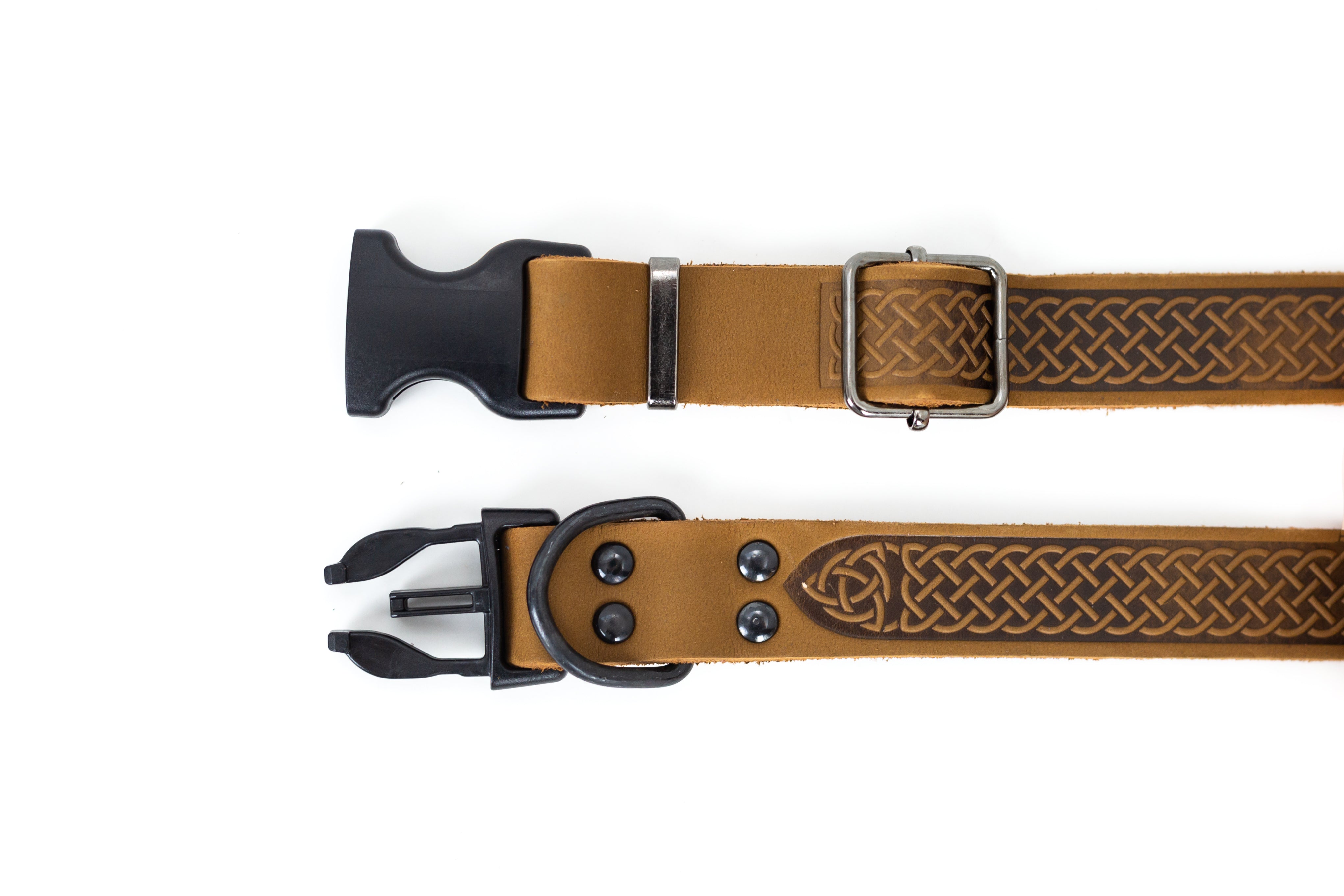 Celtic Sport Quick-Release Dog Collar – Earth Brown Leather with Black Hardware, Celtic Fire & Water Rune Design, and YKK Buckle