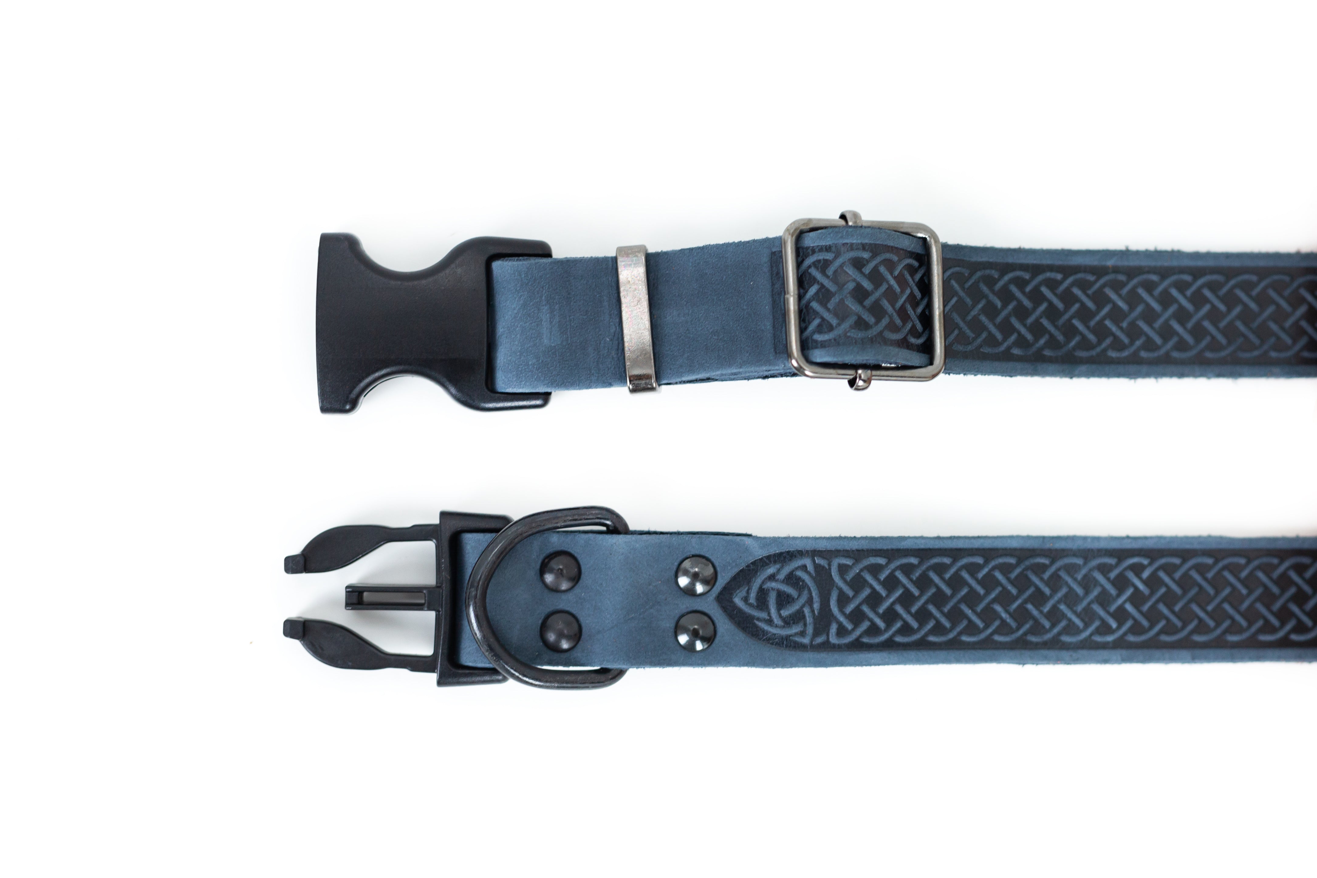 Celtic Sport Quick-Release Dog Collar – Blue Jeans Leather with Black Hardware, Celtic Fire & Water Rune Design, and YKK Buckle