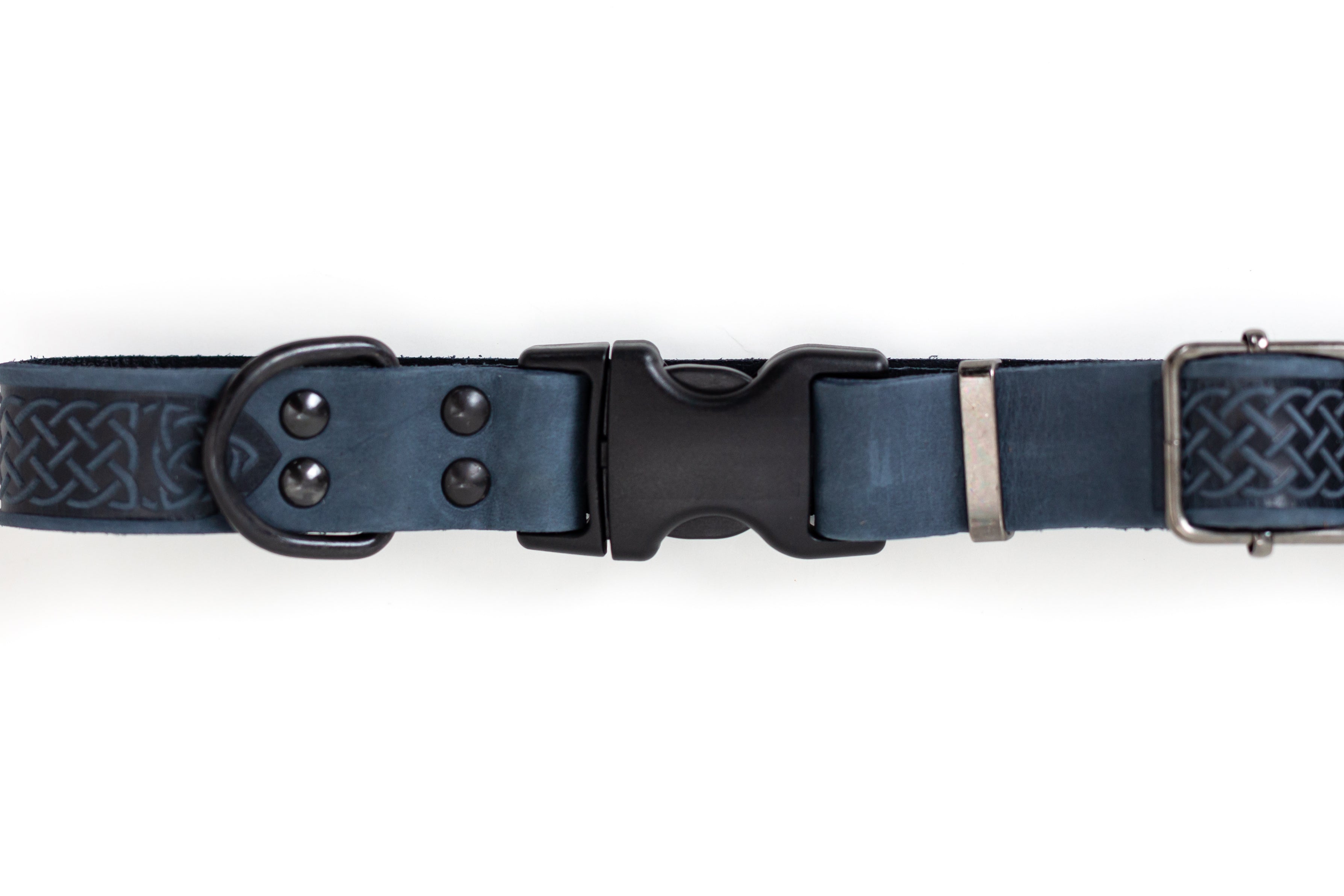 Celtic Sport Quick-Release Dog Collar – Blue Jeans Leather with Black Hardware, Celtic Fire & Water Rune Design, and YKK Buckle