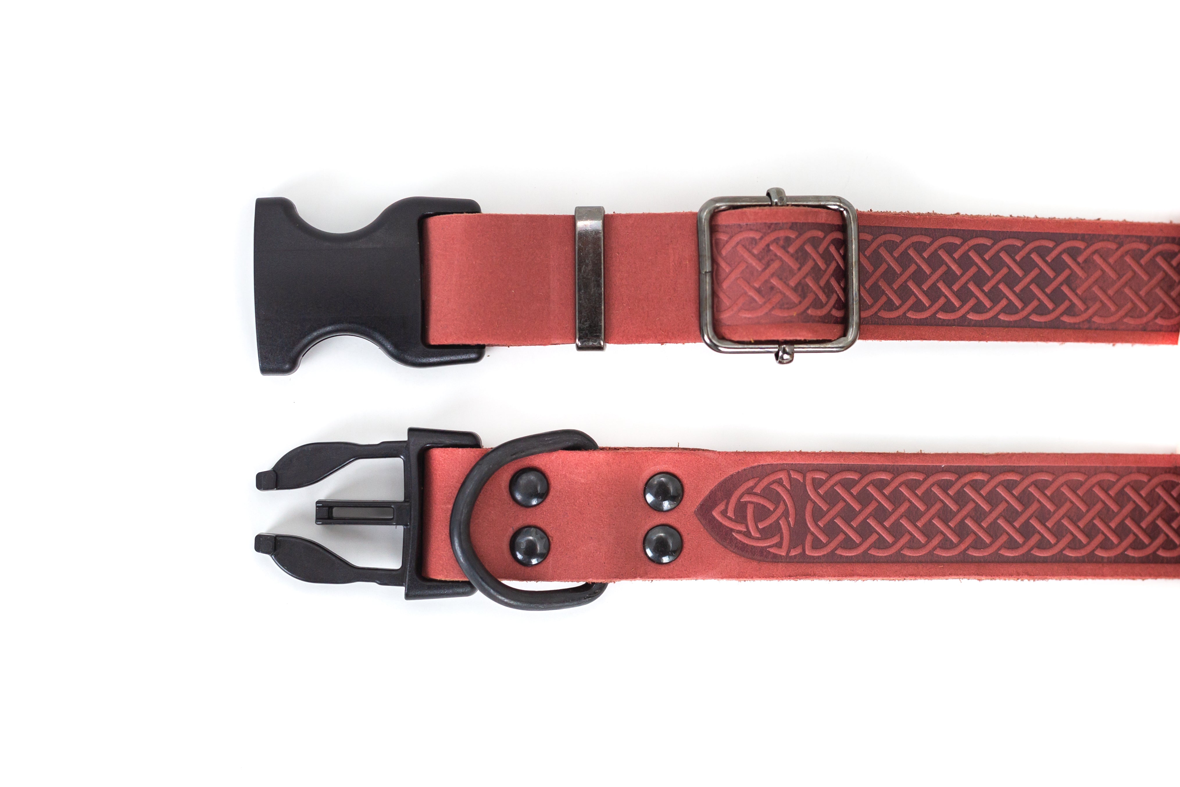 Celtic Sport Quick-Release Dog Collar – Coral Reef Leather with Black Hardware, Celtic Fire & Water Rune Design, and YKK Buckle