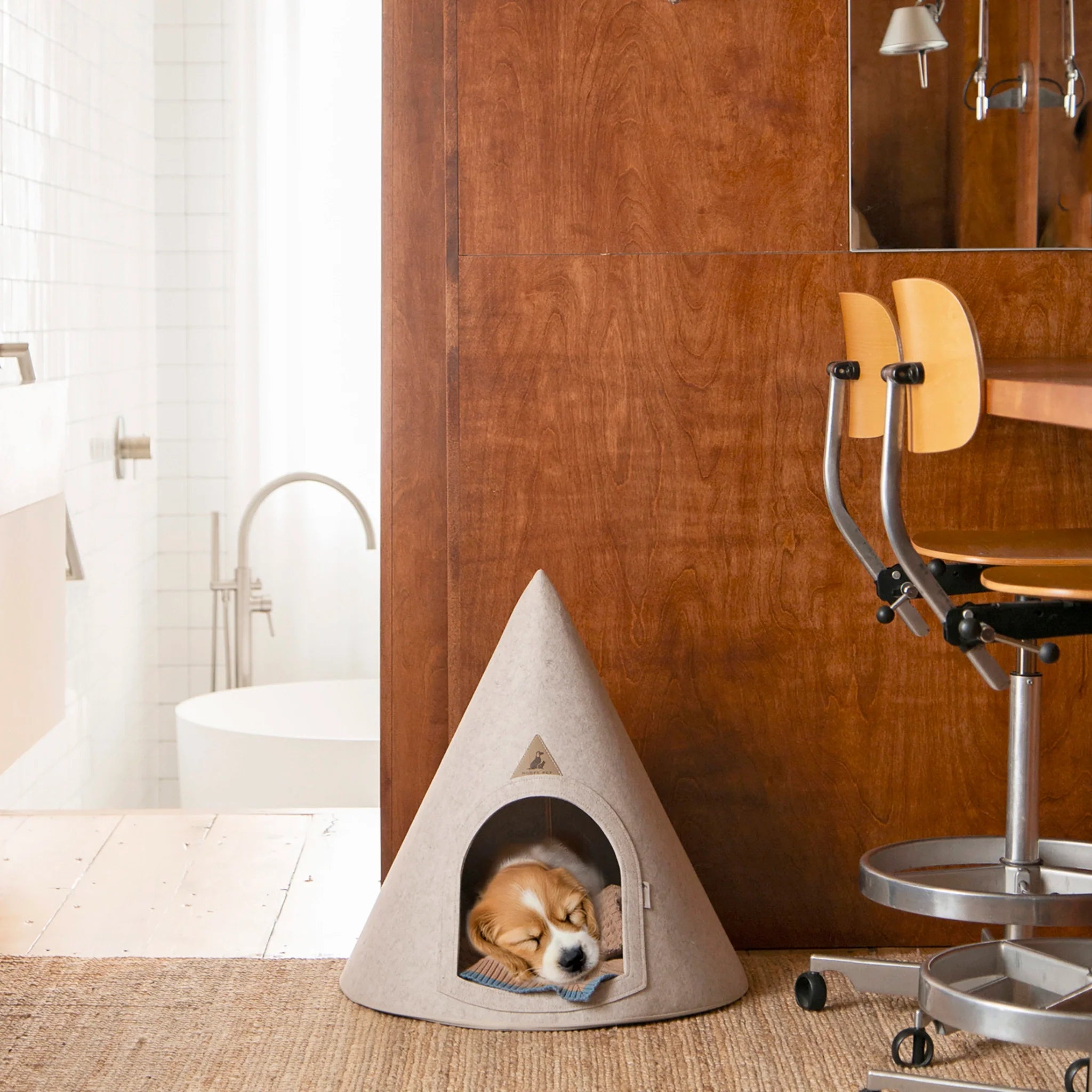 Modern Felt Pet Cave – Washable Cone Dog Bed with Cushion | Cream / Grey / Brown | Small to XXL