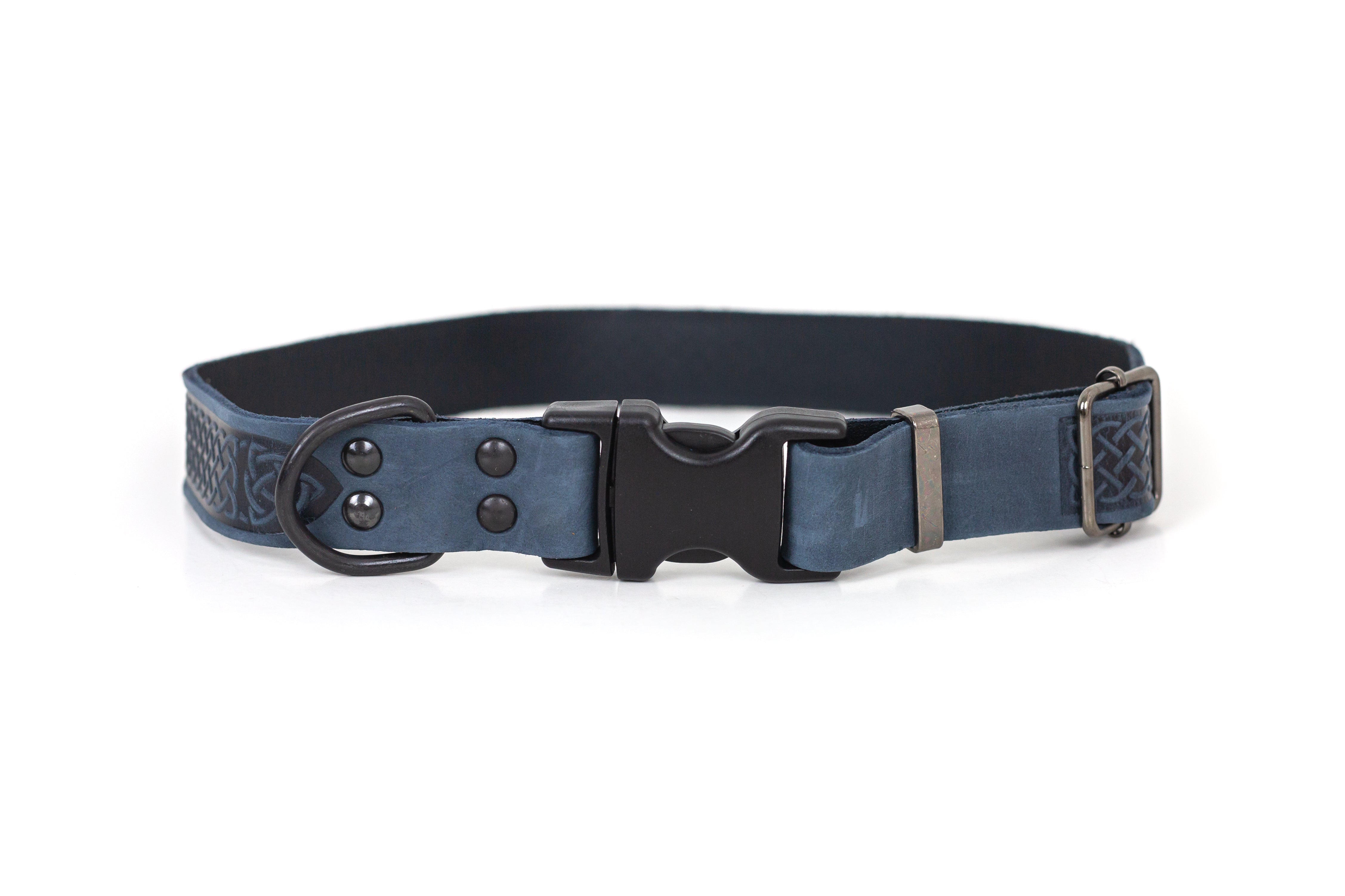 Celtic Sport Quick-Release Dog Collar – Blue Jeans Leather with YKK Buckle & Black Hardware (Celtic Fire & Water Rune Design)