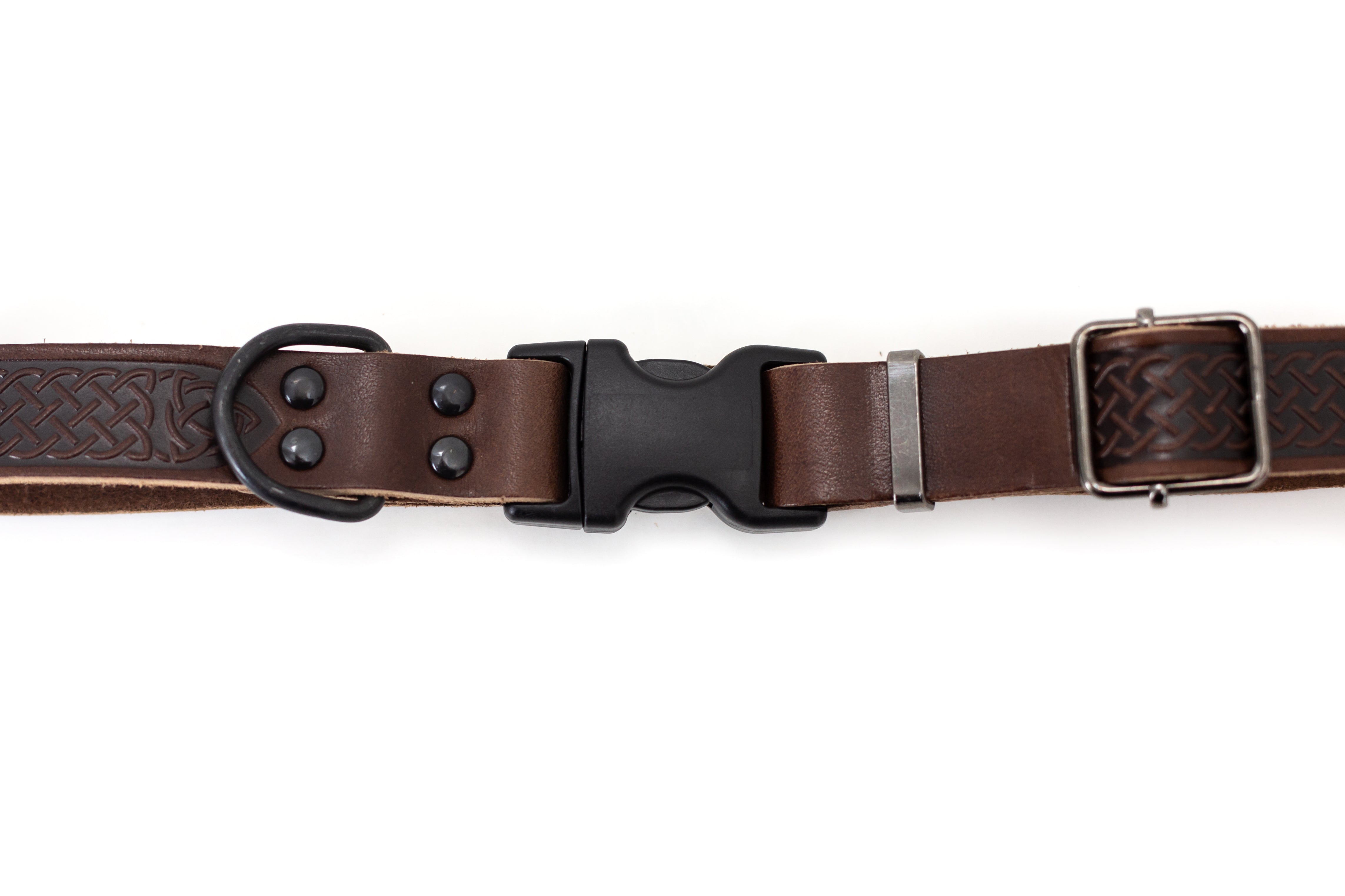 Celtic Sport Quick-Release Dog Collar – Chocolate Brown Leather with Black Hardware, Celtic Fire & Water Rune Design, and YKK Buckle