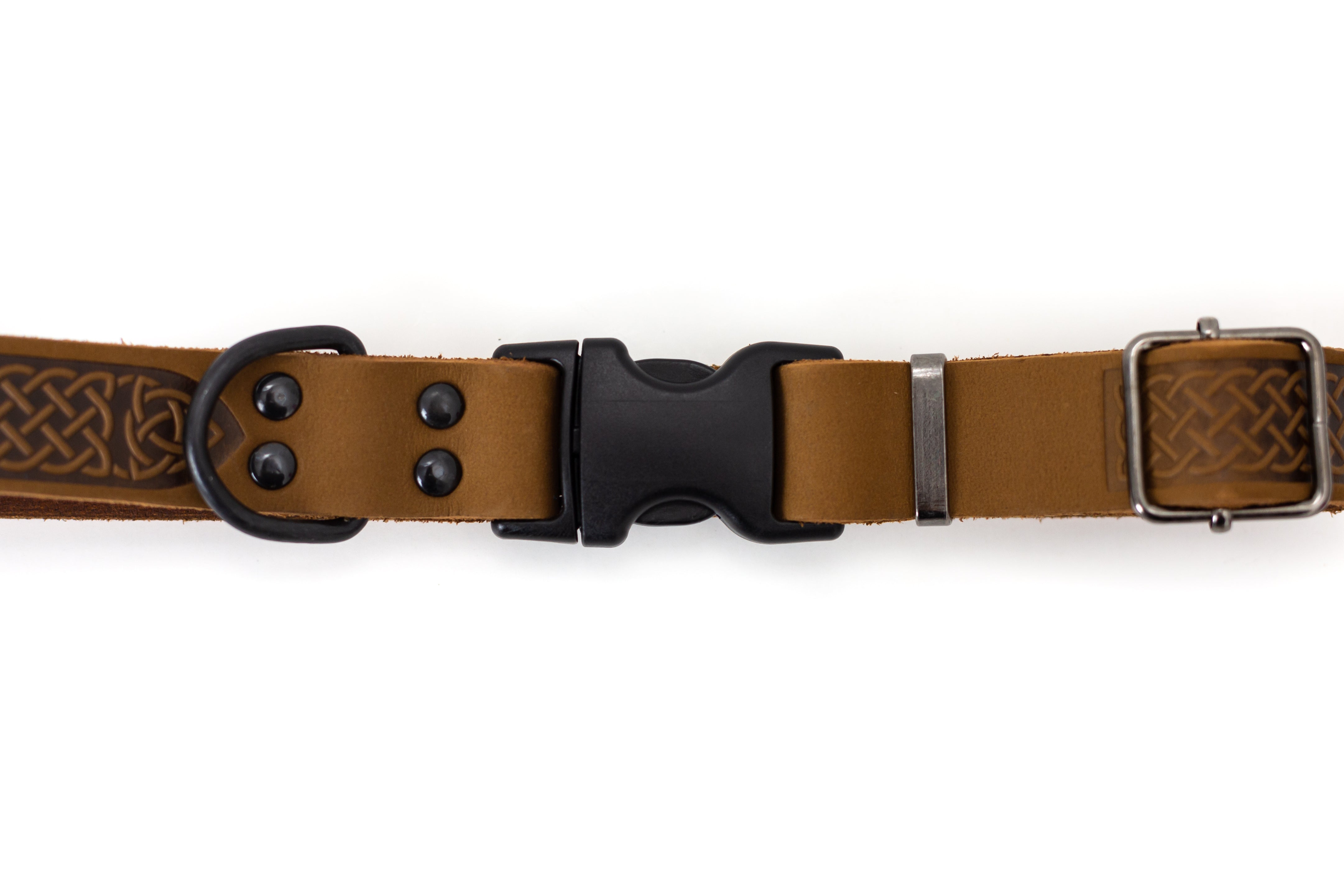 Celtic Sport Quick-Release Dog Collar – Earth Brown Leather with Black Hardware, Celtic Fire & Water Rune Design, and YKK Buckle