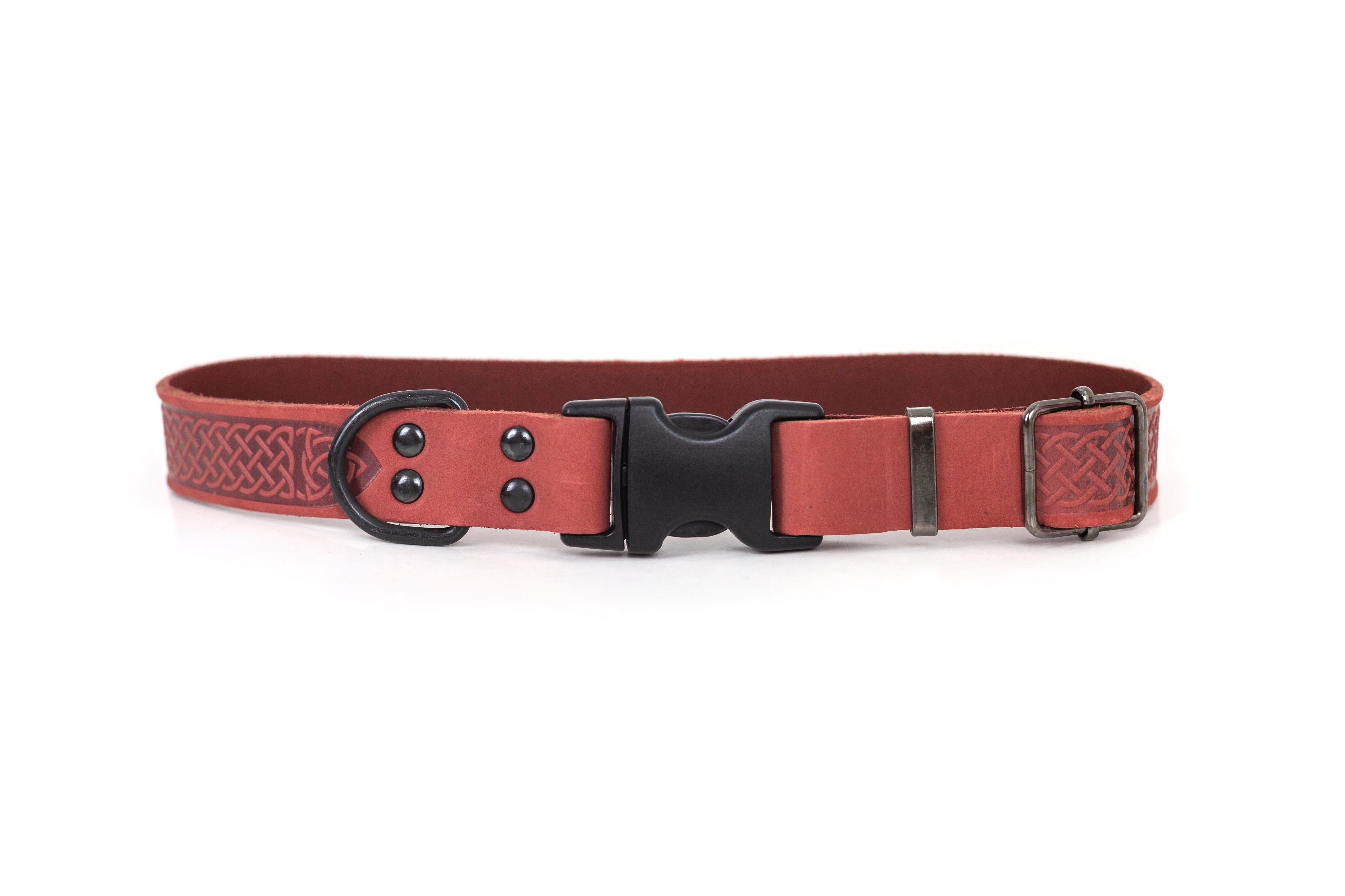 Celtic Sport Quick-Release Dog Collar – Coral Reef Leather with Black Hardware, Celtic Fire & Water Rune Design, and YKK Buckle