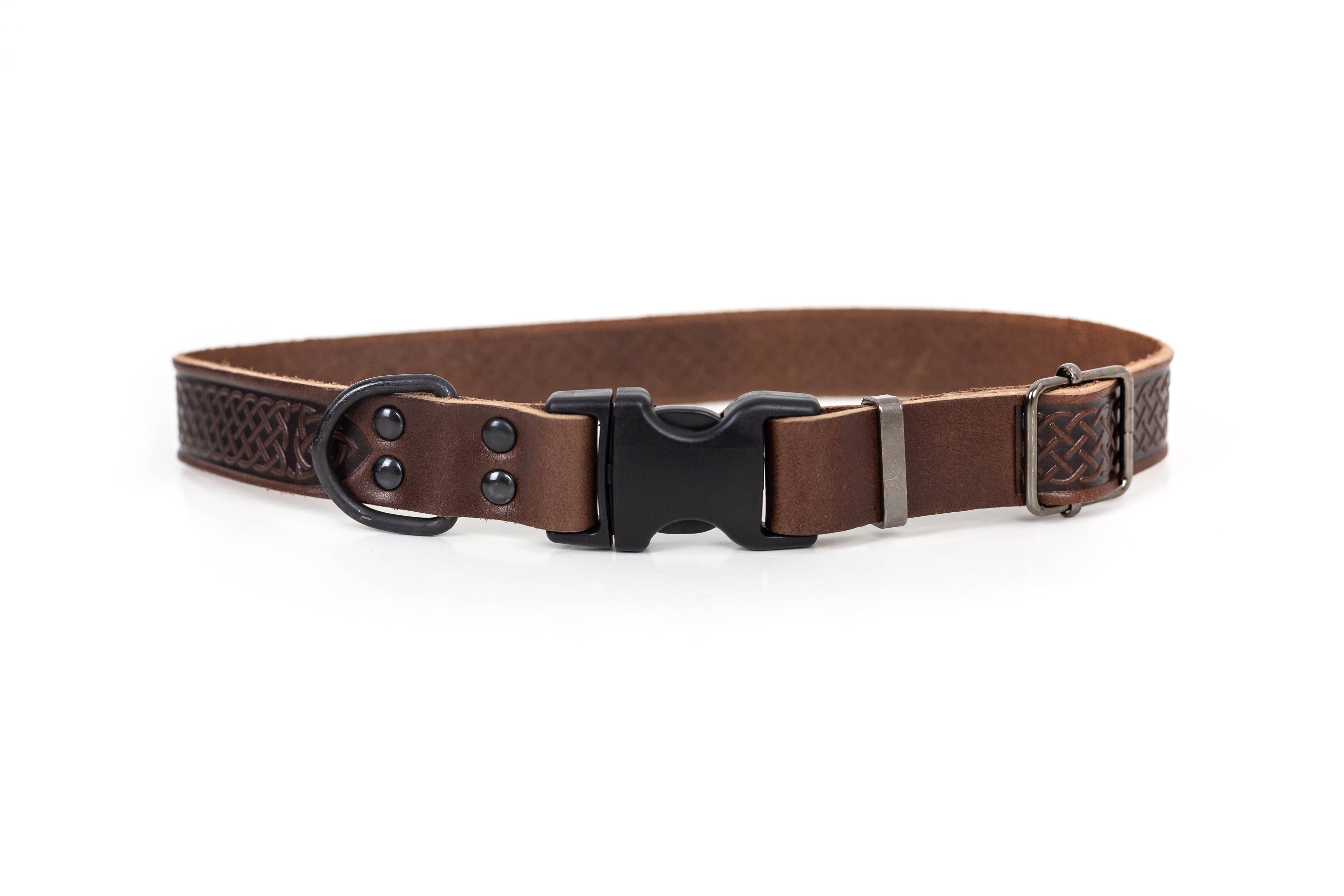 Celtic Sport Quick-Release Dog Collar – Chocolate Brown Leather with Black Hardware & YKK Buckle