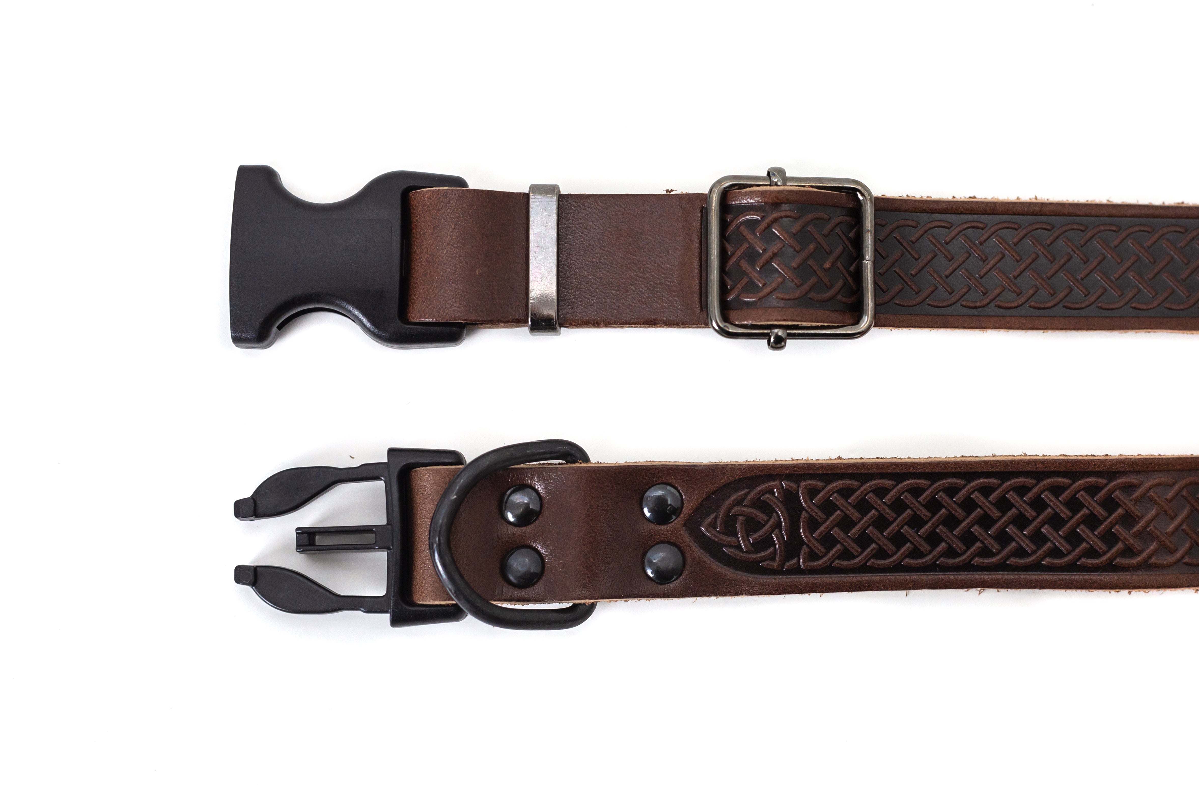 Celtic Sport Quick-Release Dog Collar – Chocolate Brown Leather with Black Hardware, Celtic Fire & Water Rune Design, and YKK Buckle