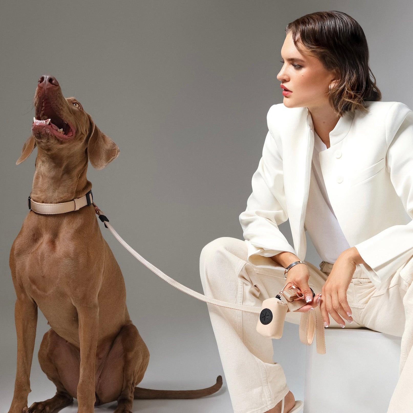 Poop Bag Holder “Dune” – Durable Neutral Cotton Twill Waste Bag Dispenser with Rose Gold Clasp, Fits Standard Rolls & Includes Bags