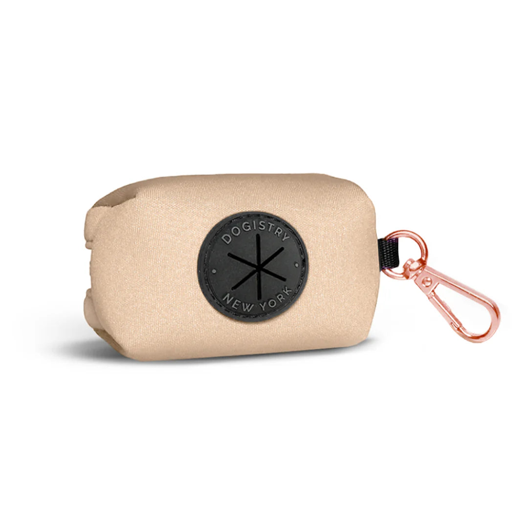 Poop Bag Holder “Dune” – Durable Neutral Cotton Twill Waste Bag Dispenser with Rose Gold Clasp, Fits Standard Rolls & Includes Bags