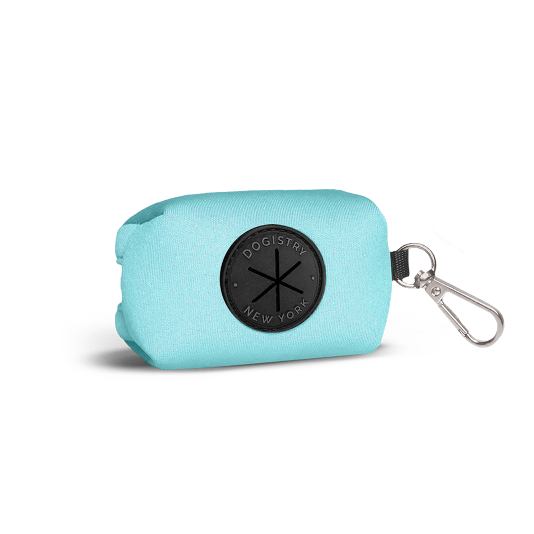 Dogistry Dog Waste Bag Holder – Fifth Avenue Blue Cotton Twill with Rose Gold Clasp, Fits Standard Rolls, Includes Bags, 3” x 2.5” x 2”