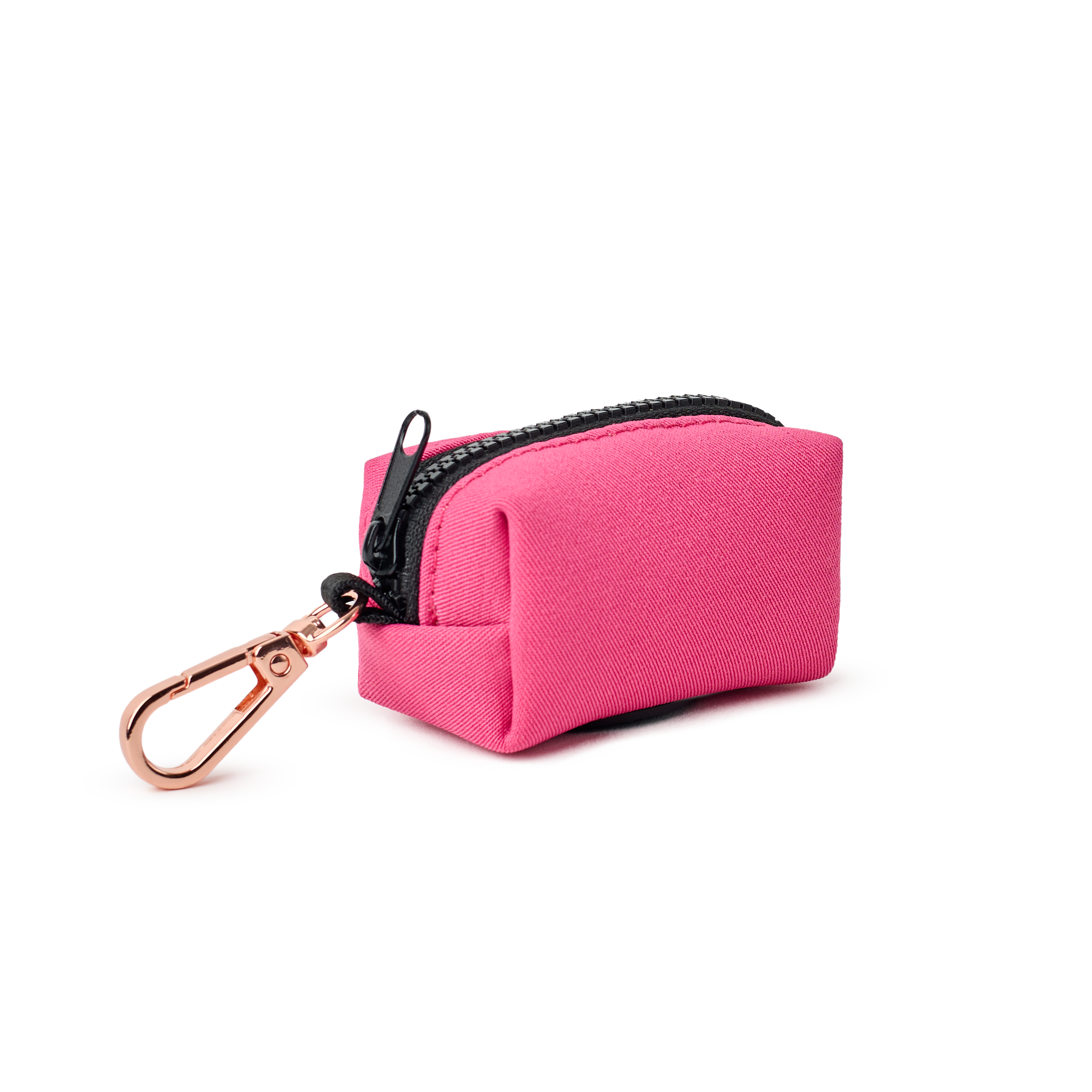 Dogistry Dog Waste Bag Holder – Hot Pink Cotton Stretch Twill with Rose Gold Clasp, Fits Standard Rolls, Includes Bags, 3” x 2.5” x 2”