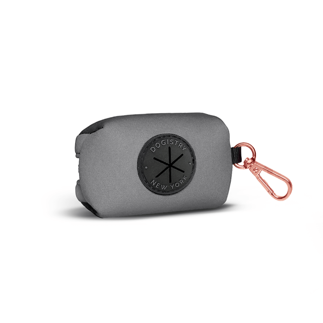 Dogistry Dog Waste Bag Holder – Steel Gray Cotton Twill with Rose Gold Clasp, Fits Standard Rolls, Includes Bags, 3” x 2.5” x 2”
