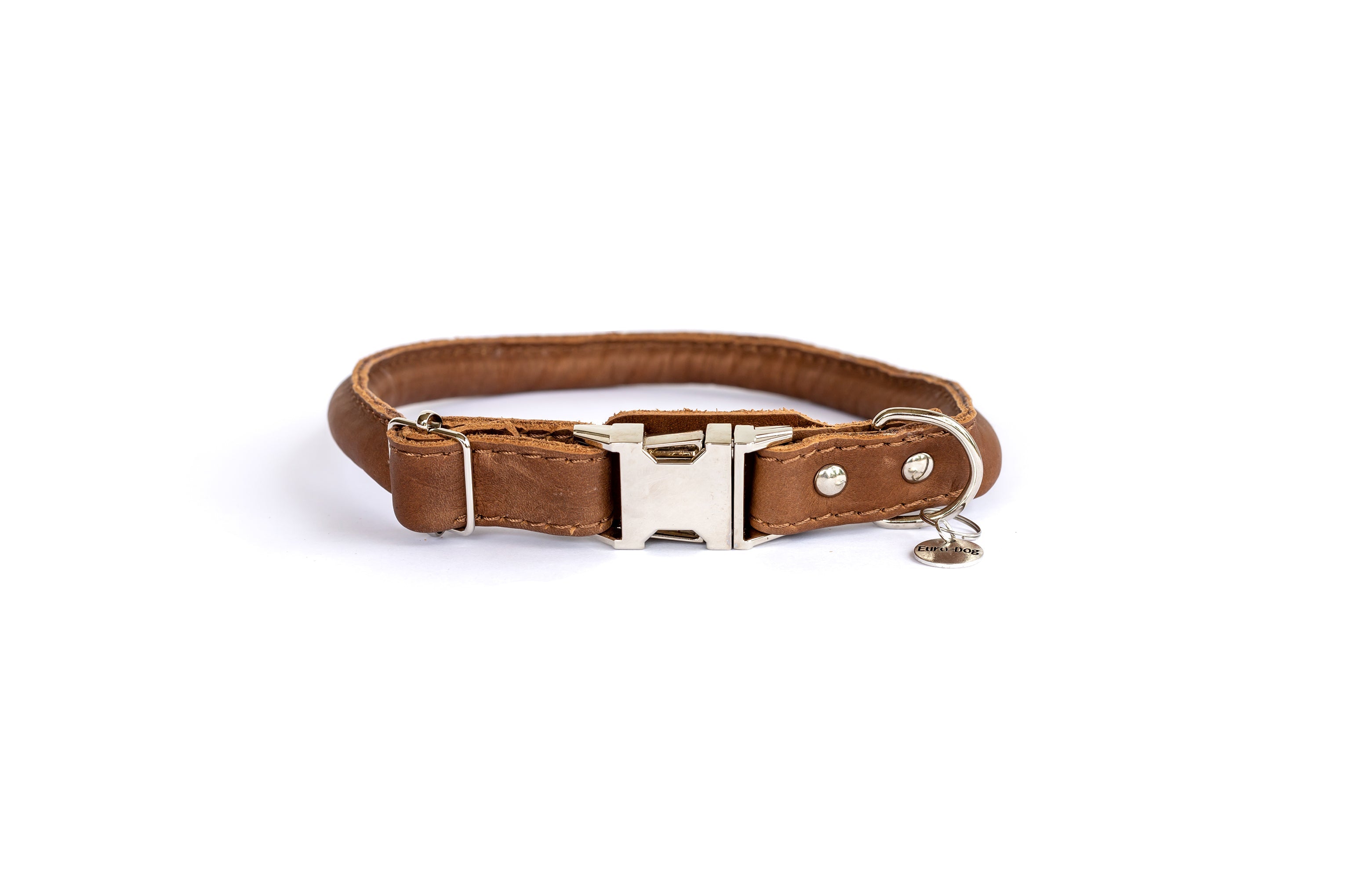 Rolled Style Quick-Release Dog Collar – Light Brown Full-Grain American Leather with European Steel Hardware