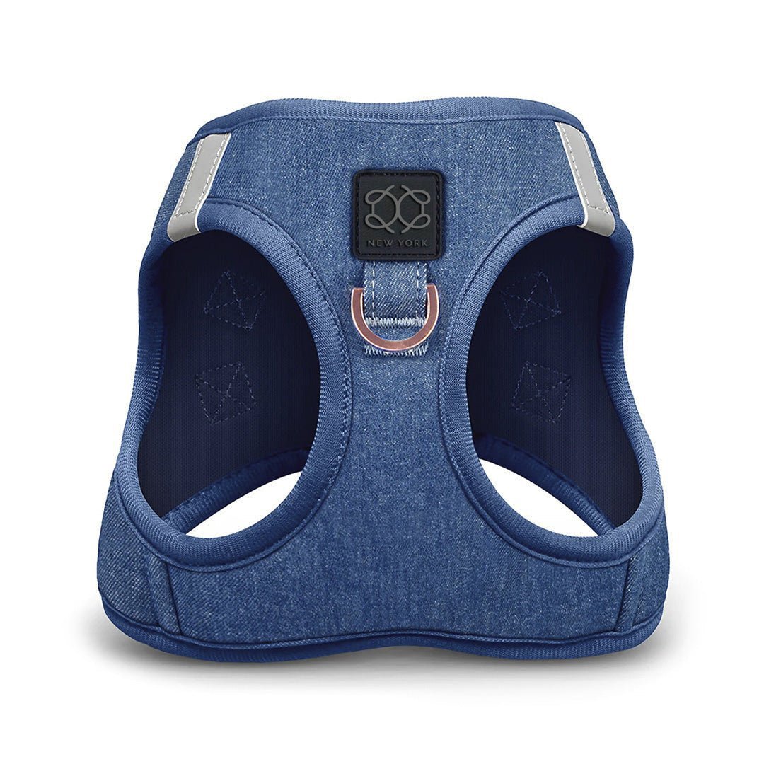 Dogistry SoHo No-Pull Step-In Dog Harness – Denim Blue with Rose Gold Front D-Ring, Adjustable Velcro & Buckle Closures, Escape-Resistant Luxury Design