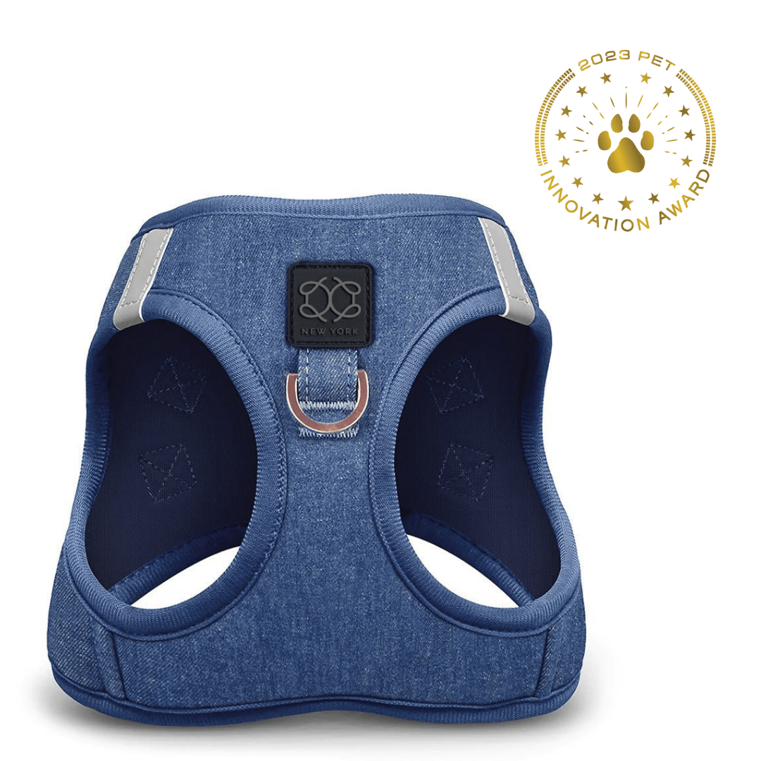 Dogistry SoHo No-Pull Step-In Dog Harness – Denim Blue with Rose Gold Front D-Ring, Adjustable Velcro & Buckle Closures, Escape-Resistant Luxury Design