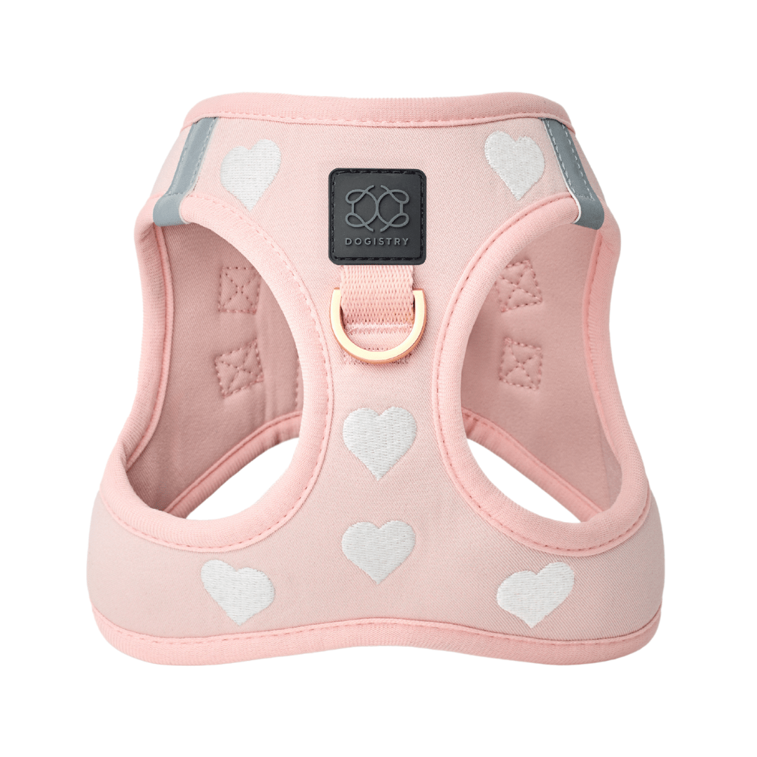 Dogistry SoHo No-Pull Step-In Dog Harness – Blush Pink with Cream Heart Embroidery, Front D-Ring, Adjustable Velcro & Buckle Closures, Escape-Resistant Luxury Design