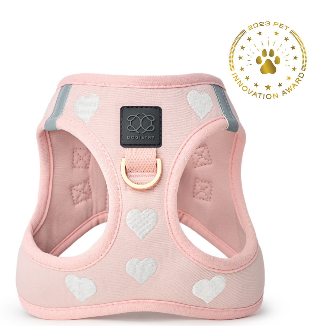 Dogistry SoHo No-Pull Step-In Dog Harness – Blush Pink with Cream Heart Embroidery, Front D-Ring, Adjustable Velcro & Buckle Closures, Escape-Resistant Luxury Design
