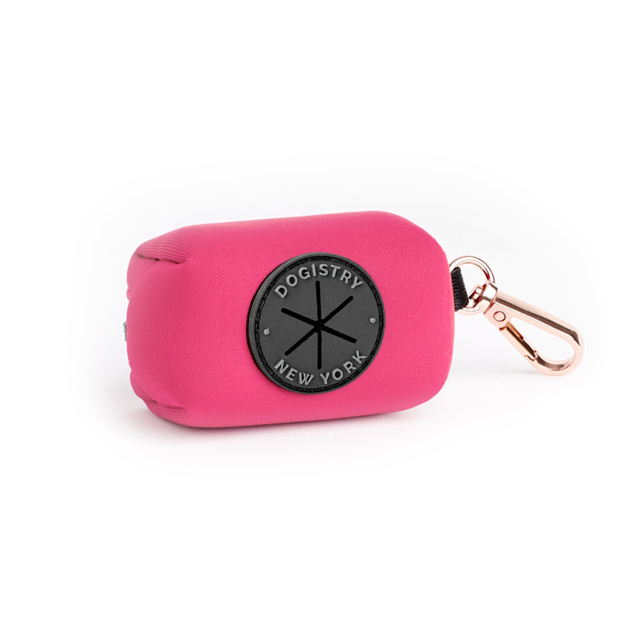 Dogistry Dog Waste Bag Holder – Hot Pink Cotton Stretch Twill with Rose Gold Clasp, Fits Standard Rolls, Includes Bags, 3” x 2.5” x 2”