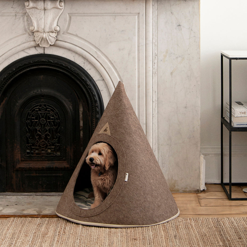 Nooee Pet Cave Buddy (L) – Cream Modern Cone-Shaped Pet Bed with Machine-Washable Cushion, Portable Roll-Up Design with Travel Bag, Fits Pets Up to 18 lbs, 27”H x 26”L x 26”D