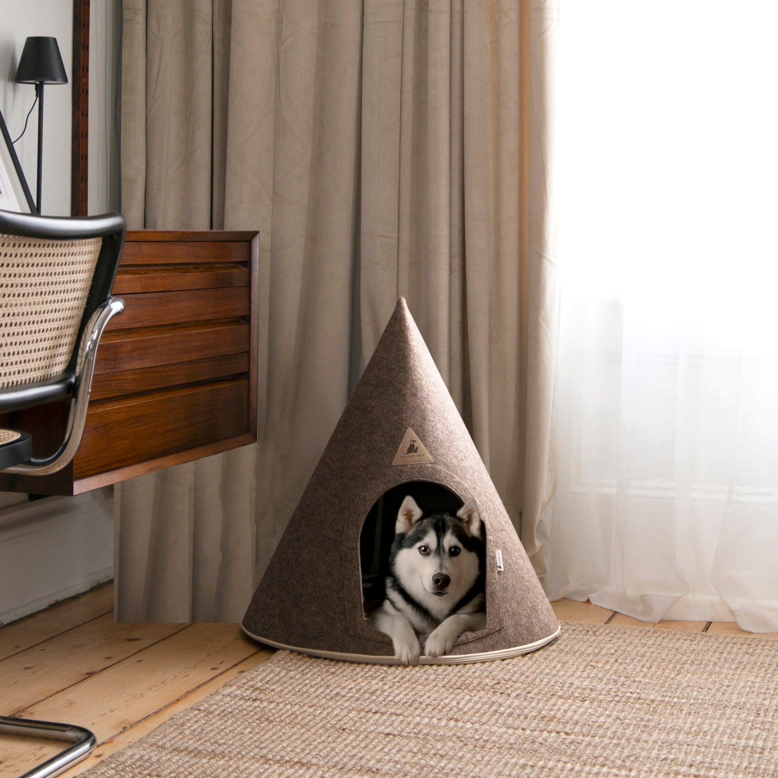 Modern Felt Pet Cave – Washable Cone Dog Bed with Cushion | Cream / Grey / Brown | Small to XXL